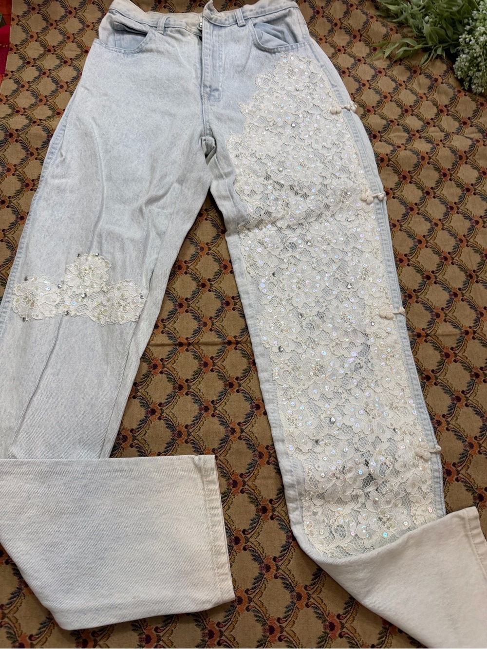 Vintage Embellished Light Wash  Jeans with Sequined Lace Panel -High rise